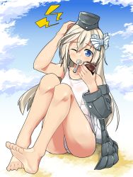 Rule 34 | 10s, 1girl, bad id, bad pixiv id, barefoot, blonde hair, blue eyes, brain freeze, cloud, day, food, full body, garrison cap, grey jacket, hair ribbon, hat, ice cream, jacket, kantai collection, long hair, mouth hold, mutsuki nekohachi, one-piece swimsuit, one eye closed, ribbon, school swimsuit, sitting, sky, solo, spoon, swimsuit, swimsuit under clothes, u-511 (kancolle), white one-piece swimsuit, white ribbon, white school swimsuit