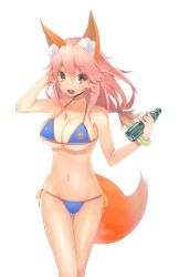 Rule 34 | 10s, 1girl, 5jack, animal ears, bad id, bad pixiv id, bikini, blue bikini, breasts, cleavage, collarbone, fang, fate/extra, fate/grand order, fate (series), fox ears, fox tail, groin, halterneck, hand in own hair, large breasts, long hair, looking at viewer, navel, open mouth, pink hair, side-tie bikini bottom, simple background, solo, string bikini, swimsuit, tail, tamamo (fate), tamamo no mae (fate/extra), tamamo no mae (swimsuit lancer) (fate), white background, yellow eyes