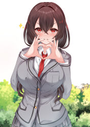 Rule 34 | &gt;:), 1girl, absurdres, between breasts, blazer, blush, breasts, brown hair, closed mouth, collared shirt, commission, day, grey jacket, grey skirt, hair between eyes, hands up, heart, heart hands, highres, indie virtual youtuber, jacket, katanashi nanashi, large breasts, long hair, long sleeves, looking at viewer, moyoron, necktie, necktie between breasts, outdoors, plaid, plaid skirt, pleated skirt, red eyes, red necktie, school uniform, shirt, skeb commission, skirt, smile, solo, sparkle, v-shaped eyebrows, very long hair, virtual youtuber, white shirt