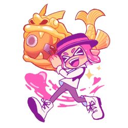 Rule 34 | &gt; &lt;, 1boy, :d, black hat, boots, commentary, cross-laced footwear, english commentary, full body, hat, holding, holding weapon, inkling, inkling boy, inkling player character, medium hair, nintendo, open mouth, paint, pink hair, pointy ears, rainmaker (splatoon), running, simple background, smile, solo, sparkle, splatoon (series), teeth, tentacle hair, tokkibada, upper teeth only, weapon, white background, white footwear, xd