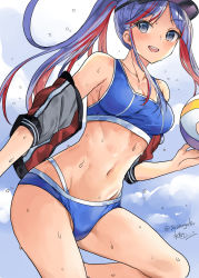 Rule 34 | 1girl, artist name, ball, bare arms, bare legs, bare shoulders, beachball, bikini, blue bikini, blue hair, blush, breasts, cleavage, collarbone, grey eyes, groin, highres, holding, holding ball, holding beachball, kantai collection, large breasts, long hair, mizuta kenji, multicolored hair, navel, official alternate costume, one-hour drawing challenge, open mouth, ponytail, red hair, sidelocks, signature, smile, solo, south dakota (kancolle), swimsuit, twitter username