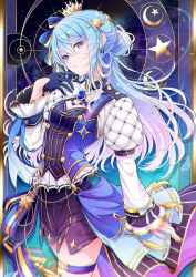 Rule 34 | 1girl, blue eyes, blue gemstone, blue gloves, blue hair, breasts, cleavage, closed mouth, cowboy shot, crescent, crown, earrings, gem, gloves, gradient hair, hair ornament, hair ribbon, hand up, highres, hololive, hoshimachi suisei, hoshimachi suisei (stellar into the galaxy), idol clothes, jewelry, juliet sleeves, long hair, long sleeves, mini crown, multicolored hair, muto (n0sug4r), o-ring, o-ring thigh strap, official alternate costume, puffy sleeves, quilted clothes, ribbon, single glove, small breasts, solo, star (symbol), star earrings, star hair ornament, star in eye, symbol in eye, thigh strap, virtual youtuber, white hair