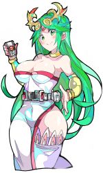 Rule 34 | &gt;:), 1girl, bare shoulders, bracer, breasts, circlet, cleavage, closed mouth, cropped legs, dress, enpe, green eyes, green hair, hand up, highres, holding, jewelry, kamen rider, kamen rider 555, kid icarus, long hair, looking at viewer, neck ring, nintendo, palutena, rider belt, side slit, simple background, single thighhigh, smile, solo, strapless, strapless dress, thighhighs, thighs, v-shaped eyebrows, very long hair, white background, white dress, white thighhighs