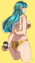 Rule 34 | 1boy, 1girl, animal print, arm at side, arm behind back, ass, bikini, bow (bhp), breasts, butt crack, chibi, closed mouth, commentary request, green hair, horns, large breasts, long hair, looking at viewer, lum, moroboshi ataru, oni, pointy ears, print bikini, red horns, simple background, smile, swimsuit, thighs, tiger print, urusei yatsura, yellow background, yellow bikini, yellow eyes