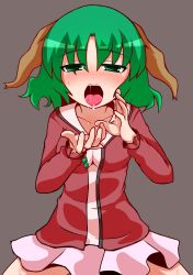 Rule 34 | 1girl, animal ears, bad id, bad pixiv id, blush, cupping hand, green eyes, green hair, grey background, hato no suisou, highres, kasodani kyouko, matching hair/eyes, open mouth, sexually suggestive, short hair, simple background, skirt, solo, touhou