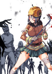 Rule 34 | 1girl, bandaged arm, bandaged leg, bandages, belt, blood, blood on clothes, blood on face, bloody weapon, blurry, blurry foreground, blush, breasts, commentary, crowbar, debris, english commentary, facial hair, fighting stance, frilled skirt, frills, fur trim, gloves, green skirt, hair between eyes, helmet, high-visibility vest, highres, holding, holding crowbar, holding weapon, legs apart, long sleeves, lower teeth only, multiple boys, multiple girls, mustache, open mouth, original, parted lips, purple eyes, rantia, shiny clothes, shiny skin, shirt, short hair, sidelocks, simple background, skirt, solo focus, striped clothes, striped shirt, teeth, torn clothes, upper teeth only, v-shaped eyebrows, weapon, white background, zombie