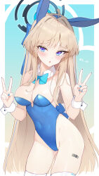 Rule 34 | 1girl, absurdres, ahoge, animal ears, black leotard, blonde hair, blue archive, blue bow, blue bowtie, blue eyes, blue hair, blue nails, blush, bow, bowtie, breasts, cameltoe, covered navel, cowboy shot, detached collar, double v, fake animal ears, fingernails, highres, leotard, long hair, looking at viewer, medium breasts, multicolored hair, nail polish, official alternate costume, parted lips, pu ht, rabbit ears, solo, strapless, strapless leotard, streaked hair, thighhighs, toki (blue archive), toki (bunny) (blue archive), twitter username, v, white thighhighs, wrist cuffs