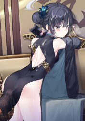 1boy 1girl ass back black_dress black_gloves black_hair black_jacket blue_archive blush breasts butterfly_hair_ornament china_dress chinese_clothes coffeekite commentary_request double_bun dragon_print dress from_behind gloves grey_eyes grey_halo hair_bun hair_ornament halo hetero highres indoors jacket kisaki_(blue_archive) long_hair looking_at_viewer looking_back paid_reward_available pelvic_curtain penis print_dress small_breasts striped_clothes striped_jacket thighs twintails variant_set vertical-striped_clothes vertical-striped_jacket