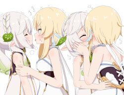 Rule 34 | 2girls, azbchan1221, blonde hair, blush, braid, closed eyes, commentary request, dress, feather hair ornament, feathers, from side, genshin impact, gradient hair, green hair, hair ornament, hand on another&#039;s cheek, hand on another&#039;s face, heart, highres, kiss, long hair, lumine (genshin impact), multicolored hair, multiple girls, nahida (genshin impact), pointy ears, profile, short hair, short hair with long locks, side ponytail, sidelocks, simple background, tongue, tongue out, trembling, upper body, white background, white dress, yuri