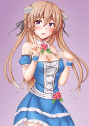 Rule 34 | 1girl, alternate costume, anti (untea9), blue dress, breasts, brown eyes, cleavage, dress, flower, frilled dress, frills, gradient background, highres, idol, johnston (kancolle), kantai collection, light brown hair, long hair, medium breasts, pink background, rose, solo, two side up, v