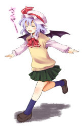 Rule 34 | 1girl, :d, ^ ^, airplane arms, alternate costume, bat wings, blue socks, bow, closed eyes, contemporary, fang, female focus, happy, hat, hat ribbon, light purple hair, loafers, makuwauri, miniskirt, no nose, open mouth, outstretched arms, pleated skirt, remilia scarlet, ribbon, running, school uniform, shoes, short hair, skirt, smile, socks, solo, spread arms, touhou, wings