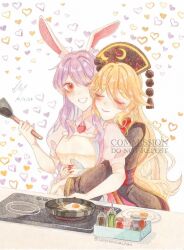Rule 34 | 2girls, animal ears, apron, artist name, black dress, blonde hair, blush, chinese clothes, closed eyes, commission, cooking, dated, dress, egg (food), fingernails, food, fried egg, frying pan, heart, heart background, highres, holding, holding frying pan, hug, hug from behind, junko (touhou), long fingernails, long hair, long sleeves, multiple girls, necktie, one eye closed, phoenix crown, plate, purple hair, rabbit ears, red eyes, red nails, red necktie, red tabard, reisen udongein inaba, selenenovachan, shirt, short sleeves, signature, smile, spatula, spice rack, stove, tabard, touhou, watermark, white shirt, yuri