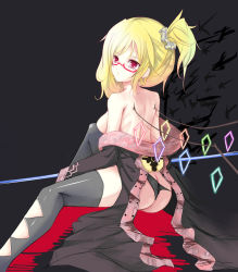 Rule 34 | 1girl, alternate costume, alternate hairstyle, ass, asymmetrical hair, back, bad id, bad pixiv id, bespectacled, black panties, black thighhighs, breasts, coat, earrings, flandre scarlet, glasses, glowing, glowing wings, hugging own legs, jewelry, large breasts, long sleeves, looking at viewer, looking back, no pants, off shoulder, official art, aged up, one side up, open clothes, open coat, panties, pink eyes, red-framed eyewear, scrunchie, sitting, solo, sseopik, thighhighs, topless, touhou, underwear, wings