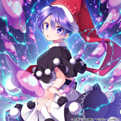 Rule 34 | 1girl, album cover, angry, attack, black capelet, blob, capelet, collar, commentary, cover, dark background, doremy sweet, dress, electricity, glowing, hat, nightcap, official art, open mouth, pom pom (clothes), purple eyes, purple hair, reaching, red hat, sakura tsubame, short hair, sparkle background, touhou, touhou cannonball, very short hair, white collar, white dress
