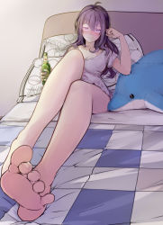 Rule 34 | 1girl, ahoge, bad id, bad pixiv id, barefoot, bed, beer bottle, beifeng han, blush, breasts, cleavage, covered erect nipples, feet, foot focus, foreshortening, glowing, highres, large breasts, long hair, looking at viewer, miyaura sanshio, original, pillow, sitting, smile, soles, solo, stuffed animal, stuffed dolphin, stuffed toy, toes