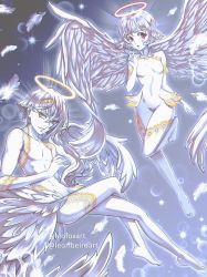 Rule 34 | 1boy, 1girl, absurdres, angel, angel wings, blunt ends, breasts, collarbone, crossed legs, eyebrows, eyelashes, feathered wings, feathers, feet, flying, halo, headwear request, highres, index finger raised, leg up, legs, leofoxart, looking at viewer, nasse, navel, nude, open mouth, parted lips, pectorals, pectorals, platinum end, red eyes, revel, short hair, teeth, twitter username, wings, yellow eyes