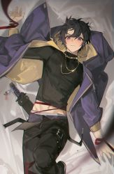 Rule 34 | 1boy, black hair, black pants, black sweater, blush, bound, bound wrists, chain, earrings, highres, indie virtual youtuber, jacket, jewelry, knife sheath, knife sheath, long sleeves, looking at viewer, male focus, nagito, navel, necklace, open clothes, open fly, open jacket, open pants, pants, purple eyes, purple jacket, red ribbon, ribbon, sheath, short hair, shoto (vtuber), sweater, thigh strap, virtual youtuber