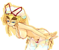 Rule 34 | 1girl, ass, blonde hair, bloomers, blue eyes, breasts, butt crack, eyebrows, female focus, female pubic hair, hanging breasts, hat, huge breasts, large breasts, lips, nipples, nude, oekaki, pubic hair, raina, sketch, smile, solo, standing, thick eyebrows, topless, touhou, underwear, undressing, white bloomers, yakumo yukari, zzz