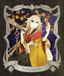 Rule 34 | 1girl, blonde hair, blue eyes, braid, buzz (moi), chinese lantern (plant), hat, ia (vocaloid), japanese clothes, long hair, looking up, sky, solo, star (sky), starry sky, telescope, twin braids, vocaloid