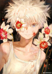Rule 34 | 1boy, absurdres, blood, blood on face, blue eyes, closed mouth, floral background, flower, flower over eye, flower request, highres, hunter x hunter, killua zoldyck, looking at viewer, male focus, painterly, parted lips, short hair, skinny, solo, spiked hair, tank top, upper body, white hair, white tank top, yu 333o