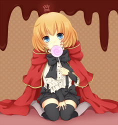 Rule 34 | 00s, 1girl, ail, bad id, bad pixiv id, black thighhighs, blonde hair, blue eyes, bow, brown hair, candy, cape, facial mark, food, frills, holding, lily (pandora hearts), lollipop, looking at viewer, pandora hearts, polka dot, polka dot background, short hair, sitting, solo, suspenders, swirl lollipop, thighhighs, wariza