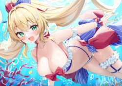 Rule 34 | 1girl, azur lane, bare shoulders, bikini, blonde hair, blue bikini, bow, bow bikini, breasts, cleavage, collarbone, commentary request, elegant (sumisumi4268), fingernails, fish, frilled bikini, frills, green eyes, hair intakes, highres, large breasts, le temeraire (azur lane), le temeraire (summery temeraire!) (azur lane), long hair, looking at viewer, nail polish, official alternate costume, open mouth, orange nails, shiny skin, smile, solo, swimsuit, thigh strap, underwater