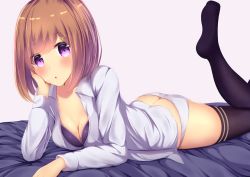 Rule 34 | 1girl, :o, amane 1906, arm support, ass, bed sheet, black bra, black thighhighs, blush, bra, breasts, brown eyes, brown hair, butt crack, cleavage, double horizontal stripe, dress shirt, grey background, hair ornament, hairclip, head rest, highres, leg up, legs, light blush, long sleeves, looking at viewer, lying, medium breasts, medium hair, mole, mole on breast, no pants, on bed, on stomach, original, panties, parted lips, print thighhighs, shirt, solo, swept bangs, thighhighs, thighs, underwear, white panties, white shirt