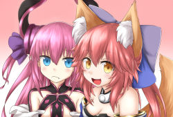 Rule 34 | 10s, 2girls, :3, :d, animal ear fluff, animal ears, bare shoulders, blue bow, blue eyes, blush, bow, breasts, brown hair, choker, cleavage, detached collar, detached sleeves, elizabeth bathory (fate), elizabeth bathory (fate/extra ccc), elizabeth bathory (first ascension) (fate), fang, fang out, fate/extra, fate/grand order, fate (series), flat chest, fox ears, fox tail, frown, gradient background, hair between eyes, hair bow, hair ribbon, horn ornament, horn ribbon, horns, horokusa (korai), japanese clothes, long hair, looking at another, looking at viewer, multiple girls, open mouth, pink background, pink hair, pointy ears, purple ribbon, ribbon, small breasts, smile, tail, tamamo (fate), tamamo no mae (fate/extra), two side up, upper body, yellow eyes