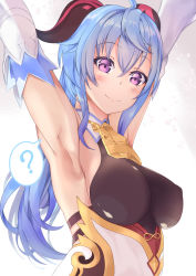Rule 34 | ?, armpits, bare shoulders, bell, blue hair, breasts, cowbell, detached sleeves, ganyu (genshin impact), genshin impact, ginger l, goat horns, gold trim, highres, horns, long hair, looking at viewer, medium breasts, outstretched arms, purple eyes, solo, speech bubble
