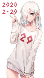 Rule 34 | 1girl, black eyes, clothes tug, cowboy shot, dated, hair over one eye, highres, leap day, looking at viewer, medium hair, oopartz yang, original, simple background, smile, solo, sweater, sweater tug, v, white background, white hair