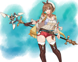 Rule 34 | 1girl, absurdres, atelier (series), atelier ryza, belt, blue background, breasts, brown eyes, brown hair, fujioni, gloves, hat, highres, holding, holding weapon, large breasts, open mouth, polearm, potion, reisalin stout, shorts, single glove, smile, spear, teeth, upper teeth only, vest, weapon