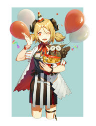 Rule 34 | 1girl, ;d, absurdres, arknights, balloon, black dress, blonde hair, blue background, border, bucket, bucket of chicken, chicken (food), choker, colonel sanders, confetti, cowboy shot, cropped legs, dress, fried chicken, hand up, hat, highres, holding, holding bucket, horns, ifrit (arknights), ifrit (children&#039;s party) (arknights), kfc, looking at viewer, low twintails, official alternate costume, one eye closed, open clothes, open mouth, open shirt, outside border, party hat, red choker, red eyes, red ribbon, ribbon, ribbon choker, shenyin jiade aquan, shirt, short dress, short hair, short sleeves, simple background, smile, solo, standing, stuffed animal, stuffed owl, stuffed toy, thigh strap, twintails, white border, white shirt, wristband