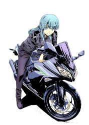 Rule 34 | 1girl, bent over, black footwear, black pants, blue eyes, blue hair, boots, closed mouth, commentary request, hair ornament, hairclip, ishii hisao, jacket, kantai collection, leather, leather jacket, long hair, looking at viewer, motor vehicle, motorcycle, on motorcycle, pants, simple background, sitting, smile, smug, solo, suzuya (kancolle), white background