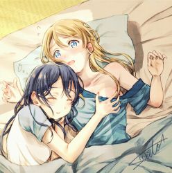 Rule 34 | 2girls, ayase eli, blonde hair, blue eyes, blue hair, blue shirt, blush, grabbing another&#039;s breast, collarbone, flying sweatdrops, futon, grabbing, hair down, long hair, love live!, love live! school idol project, lying, multiple girls, off-shoulder shirt, off shoulder, on back, on side, open mouth, pillow, shirt, signature, sleeping, smile, sonoda umi, suito, under covers, yuri