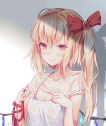 Rule 34 | 1girl, alternate costume, artist name, bad id, bad pixiv id, bare shoulders, blonde hair, blush, bow, breasts, brooch, cleavage, collarbone, commentary request, crystal, fingers together, flandre scarlet, hair between eyes, hair bow, highres, index fingers together, jewelry, long hair, looking at viewer, medium breasts, one side up, red bow, red eyes, red ribbon, ribbon, shadow, shiromoru (yozakura rety), smile, solo, spaghetti strap, strap slip, touhou, twitter username, upper body, wings, wrist ribbon