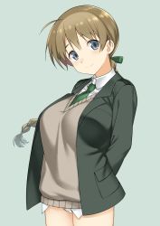 Rule 34 | 1girl, absurdres, arms behind back, black jacket, blazer, blue eyes, braid, breasts, brown hair, collared shirt, commentary request, green necktie, grey background, hatakenaka (kamagabuchi), highres, jacket, large breasts, looking at viewer, lynette bishop, necktie, no pants, panties, shirt, simple background, single braid, solo, standing, strike witches, sweater vest, underwear, white panties, world witches series