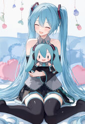 1girl :d absurdly_long_hair absurdres aqua_hair bare_shoulders black_shirt black_sleeves black_thighhighs cc_lin closed_eyes collared_shirt commentary_request detached_sleeves grey_shirt hair_between_eyes hatsune_miku heart heart-shaped_pillow highres holding holding_stuffed_toy hugging_doll hugging_object long_hair long_sleeves miniskirt open_mouth pillow shirt sitting skirt sleeveless sleeveless_shirt smile solo stuffed_toy thighhighs twintails very_long_hair vocaloid wariza zettai_ryouiki