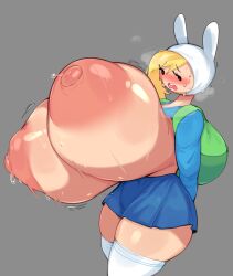 Rule 34 | 1girl, adventure time, animal hood, backpack, bag, black eyes, blonde hair, blue shirt, blue skirt, blush, breasts, bulumble-bee, fionna campbell, gigantic breasts, hood, huge nipples, open mouth, shirt, skirt, sweat, teeth, thighhighs, thighs, white thighhighs, wide hips