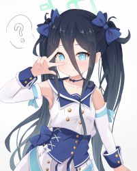 Rule 34 | 1girl, ?, absurdly long hair, absurdres, alternate hairstyle, aris (blue archive), black hair, blue archive, blue bow, blue eyes, bow, closed mouth, collarbone, commentary, detached sleeves, hair between eyes, hair bow, halo, highres, idol, idol clothes, long hair, long hair between eyes, looking at viewer, mischievous straight uniform (blue archive), nonddu, shirt, simple background, skirt, sleeveless, sleeveless shirt, smile, solo, spoken question mark, twintails, v, v over eye, very long hair, white background, white skirt