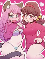 Rule 34 | 10s, 2girls, animal ears, bad id, bad twitter id, blush, bra, breasts, brown hair, cat ears, cat tail, cleavage, clothes lift, dress, fang, green eyes, hair ribbon, hairband, hashimoto nyaa, heart, long hair, looking at viewer, multicolored hair, multiple girls, no pants, open mouth, osomatsu-kun, osomatsu-san, panties, paw pose, paw print, pink background, pink eyes, pink hair, ribbed sweater, ribbon, sanjiro (tenshin anman), shirt, shirt lift, short twintails, simple background, smile, standing, standing on one leg, streaked hair, striped bra, striped clothes, striped panties, sweater, sweater dress, swimsuit, tail, turtleneck, twintails, underwear, yowai totoko