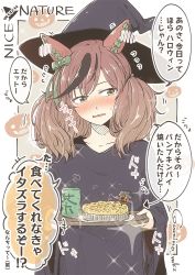Rule 34 | 1girl, animal ears, black robe, blush, border, brown hair, character name, commentary request, cup, embarrassed, english text, flying sweatdrops, food, halloween, hat, highres, holding, holding tray, horse ears, jack-o&#039;-lantern, long sleeves, looking to the side, multicolored hair, nice nature (umamusume), nose blush, open mouth, outside border, pie, robe, short twintails, solo, sparkle, streaked hair, translation request, tray, twintails, twitter username, umamusume, umino mokuzu (shizumisou), wavy mouth, wide sleeves, witch hat, yunomi