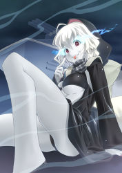 Rule 34 | 1girl, alternate breast size, bikini, bikini top only, breasts, cannon, commentary request, glowing, glowing eyes, hair between eyes, hood, hoodie, kantai collection, long sleeves, looking at viewer, mizuki hitoshi, o-ring, o-ring bikini, open clothes, open hoodie, pale skin, re-class battleship, red eyes, rigging, short hair, sitting, smile, solo, swimsuit, tongue, tongue out, underboob, white hair