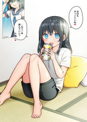 Rule 34 | 1girl, :d, barefoot, black hair, black shorts, blue eyes, blue neckerchief, blue sailor collar, blush, can, commentary request, hair between eyes, highres, holding, holding can, knees together feet apart, knees up, kurata rine, long hair, looking at viewer, neckerchief, open mouth, original, pillow, poster (object), sailor collar, school uniform, serafuku, shirt, short shorts, short sleeves, shorts, sitting, smile, solo, strong zero, tatami, translation request, white shirt