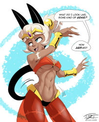 Rule 34 | 1girl, abs, alternate hairstyle, animal ears, bandeau, blue eyes, blunt bangs, bracer, breasts, cat ears, cat tail, commentary, cosplay, dancing, dark-skinned female, dark skin, english commentary, english text, eric toner, fang, fingernails, forehead jewel, harem pants, highres, ms. fortune (skullgirls), o-ring, o-ring top, pants, platinum blonde hair, pun, ribs, scar, see-through, shantae, shantae (cosplay), shantae (series), sharp fingernails, short ponytail, skullgirls, solo, strapless, tail, tiara, underboob, updo