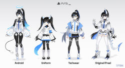 Rule 34 | 4girls, absurdres, android, arms at sides, black hair, blue eyes, blue hair, cable, cable tail, full body, game console, gradient background, hair ornament, hairclip, halo, headgear, high collar, highres, jacket, joints, lineup, long hair, looking at viewer, mechanical tail, multicolored hair, multiple girls, necktie, off-shoulder jacket, off shoulder, original, personification, photoshop (medium), playstation 5, ponytail, robot joints, shoes, shorts, skirt, sneakers, soyoong jun, tail, thighhighs, twintails, two-tone hair, very long hair, wide sleeves