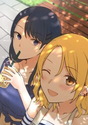 Rule 34 | 1 rt de nakawarui nonke joshi-tachi ga 1-byou kiss suru, 2girls, black hair, blonde hair, blue eyes, blush, bubble tea, collarbone, commentary request, cup, disposable cup, earclip, earrings, fukuroumori, hair between eyes, hair ornament, hairclip, highres, holding, holding cup, jewelry, long hair, looking at viewer, medium hair, multiple girls, one eye closed, open mouth, outdoors, pendant, selfie, yellow eyes