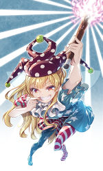 Rule 34 | 1girl, american flag dress, american flag legwear, arm up, blonde hair, blue background, clownpiece, dress, fairy wings, full body, gradient background, grin, hat, jester cap, long hair, mouth pull, pantyhose, print pantyhose, red eyes, short dress, short sleeves, smile, solo, star (symbol), striped, touhou, wings, zounose