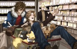 Rule 34 | 3boys, atou haruki, black jacket, blonde hair, blue jacket, blue pants, brown footwear, brown hair, brown jacket, brown sweater, chinese commentary, closed eyes, closed mouth, commentary request, fur-trimmed jacket, fur trim, hair between eyes, highres, in shopping cart, indoors, isoi reiji, jacket, long sleeves, male focus, medium hair, multiple boys, open clothes, open jacket, open mouth, pants, pointing, pointing forward, red shirt, ribbed jacket, saibou shinkyoku, she yellowbelly, shinano eiji, shirt, shopping cart, short hair, smile, stuffed fox, supermarket, sweater, turtleneck, turtleneck sweater, white shirt