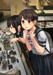 Rule 34 | 2girls, backpack, bad id, bad pixiv id, bag, black eyes, black hair, blue sailor collar, blue skirt, book, braid, brown eyes, brown hair, collared shirt, commentary request, counter, fossil, glass, hair between eyes, indoors, isonami (kancolle), kantai collection, low twintails, makio (makiomeigenbot), multiple girls, museum, neckerchief, parted bangs, pleated skirt, rock, sailor collar, school uniform, serafuku, shirayuki (kancolle), shirt, short twintails, sidelocks, skirt, standing, twintails