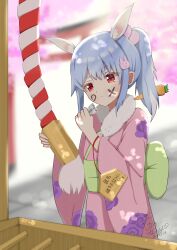 Rule 34 | 1girl, :t, absurdres, amane rin, animal ears, blue hair, blurry, blurry background, blush, carrot hair ornament, day, don-chan (usada pekora), ema, food-themed hair ornament, hair ornament, hatsumoude, highres, holding, hololive, ink on face, japanese clothes, kimono, kouhaku nawa, long hair, long sleeves, multicolored hair, new year, outdoors, ponytail, rabbit ears, rabbit girl, rabbit hair ornament, red eyes, rope, shimenawa, shrine, shrine bell, solo, thick eyebrows, torii, translation request, usada pekora, v-shaped eyebrows, virtual youtuber, white hair, wide sleeves